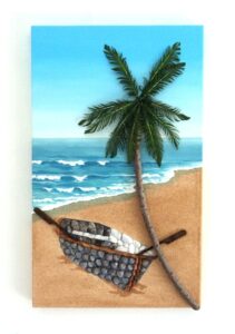 Rowboat under a Palm Tree in Seashells Mosaic on Sand