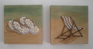 Seashell mosaic artworks with sand