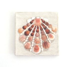 20x20cms Scallop in Seashell Mosaic on White Sand, available to purchase from SeashellbeautyinArt