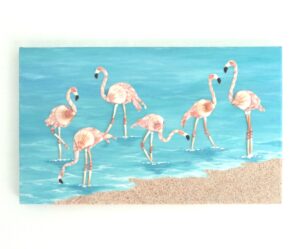 Pink Flamingos in Seashell Mosaic Collage Painting - 30 x 50cms available to purchase from Etsy