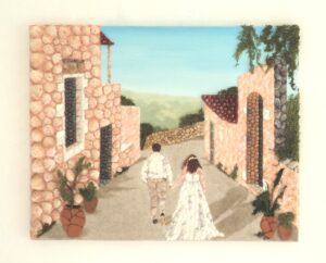 Commissioned Artwork - Greek village scene in Seashell Mosaic Collage - 40x50cms