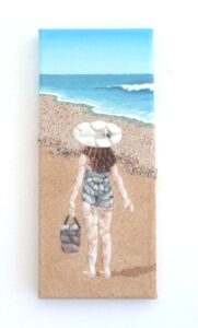Popular design in September. Beach girl Seashell Mosaic COllage Painting 15 x 35cms