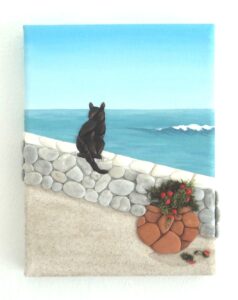 Cat on Wall Seashell & Pebble Mosaic Collage Painting