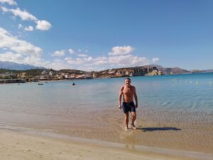 Mike, after one of his fabulous swims at Almyrida