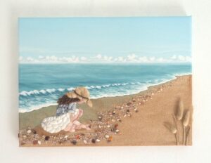 Popular Seashell Mosaic of Girl picking seashells, 30x40cms